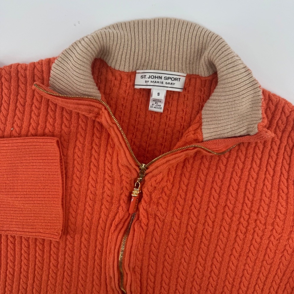 St. John Sport Cardigan Womens S Orange Cable Knit Wool Full Zip Mock Sweater